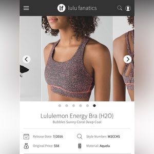 NWT Lululemon Energy Bra (H2O), Bubbles Sunny Coral Deep Coal. Gym/Swim, UPF 50+